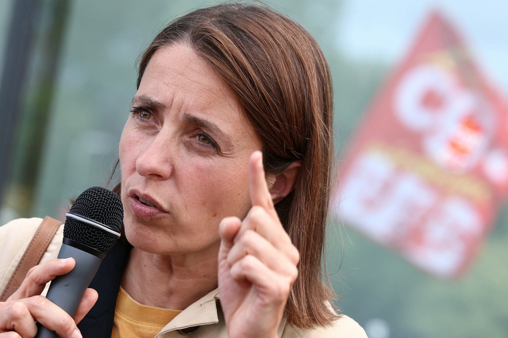 Sophie Binet, Secretary General of the CGT, speaking at a rally.